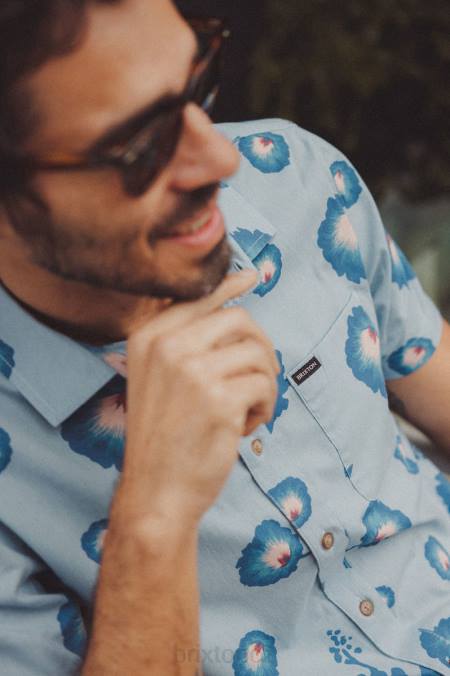 prašná modrá/pacifická modrá/korálově růžová Brixton muži charter print s/s tkaná košile 4DHP10 oděv