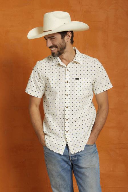 bílá/sláma/tmavá země Brixton muži charter print s/s tkaný 4DHP8 oděv